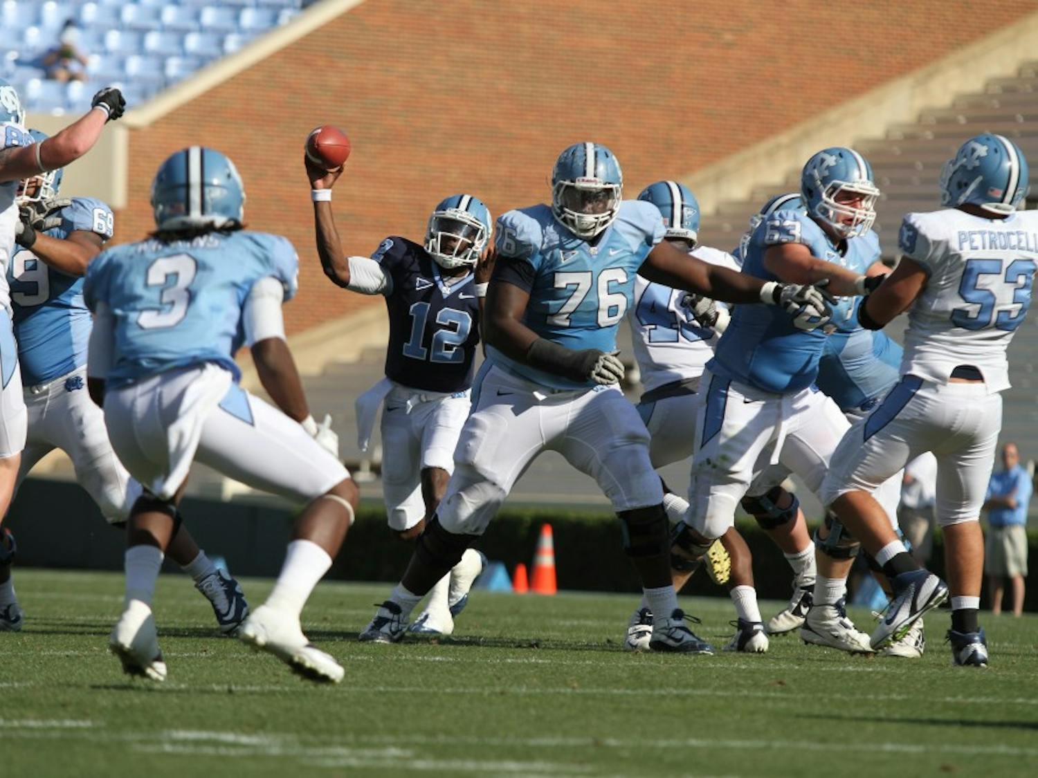 	April 14, 2012

	UNC hosted its annual spring football game Saturday at Kenan Stadium. The team played scrimmages and ran some of their new plays under new coach Larry Fedora.