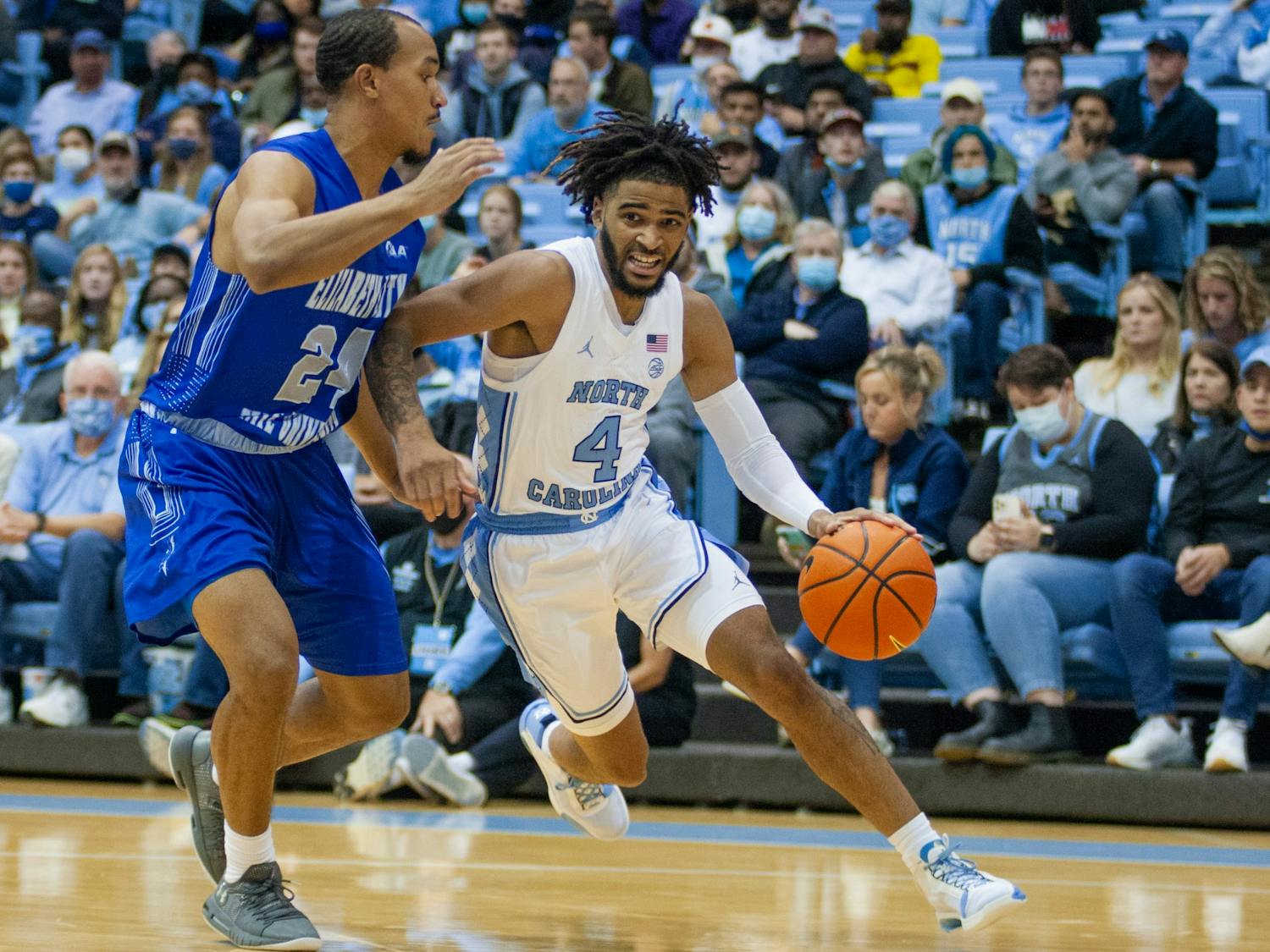 Sophomore guard RJ Davis (4) runs with the ball at the exhibition game against Elizabeth City State on Nov. 5 at the Dean E. Smith Center. UNC won 83-55.