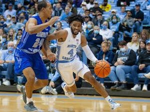 Sophomore guard RJ Davis (4) runs with the ball at the exhibition game against Elizabeth City State on Nov. 5 at the Dean E. Smith Center. UNC won 83-55.