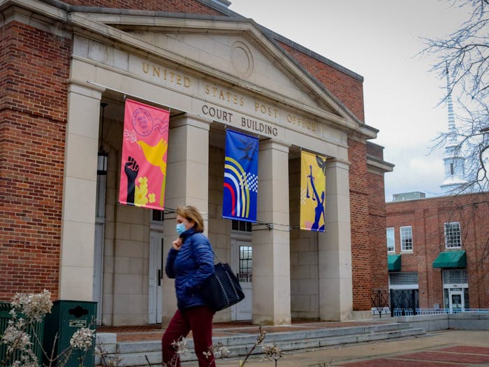 New banners with artwork designed by Triangle artist Victoria Primicias have been hung in the Justice Plaza on Franklin Street.