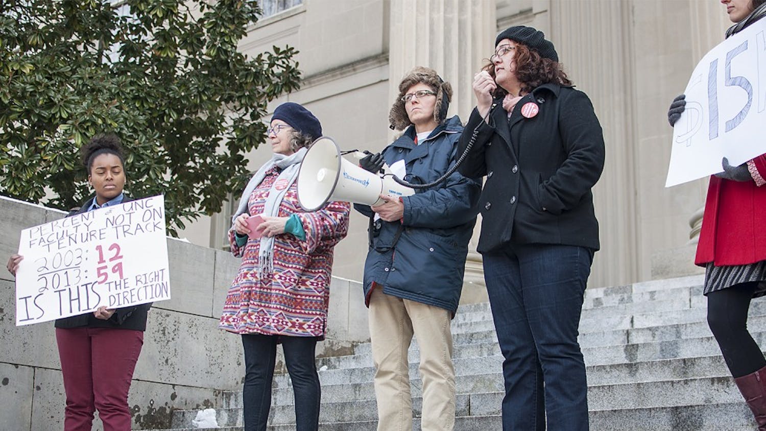 Didem Turkoglu (right), a teaching assistant and doctoral candidate in the sociology department, spoke at the rally Wednesday.