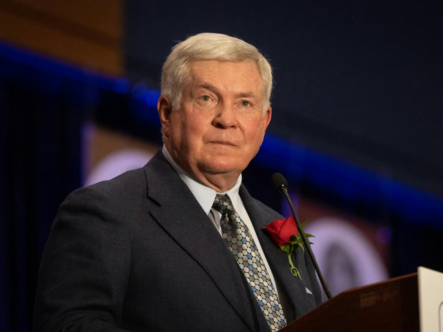 Mack Brown, head coach of UNC's football team, delivers an acceptance speech at the North Carolina Sports Hall of Fame induction ceremony Friday.