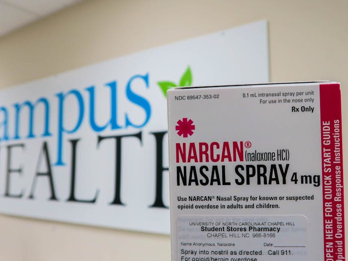 DTH Photo Illustration. Narcan nasal spray, a form of Naloxone, is available at the UNC Campus Health pharmacy. The product is packaged with instructions and precautions.