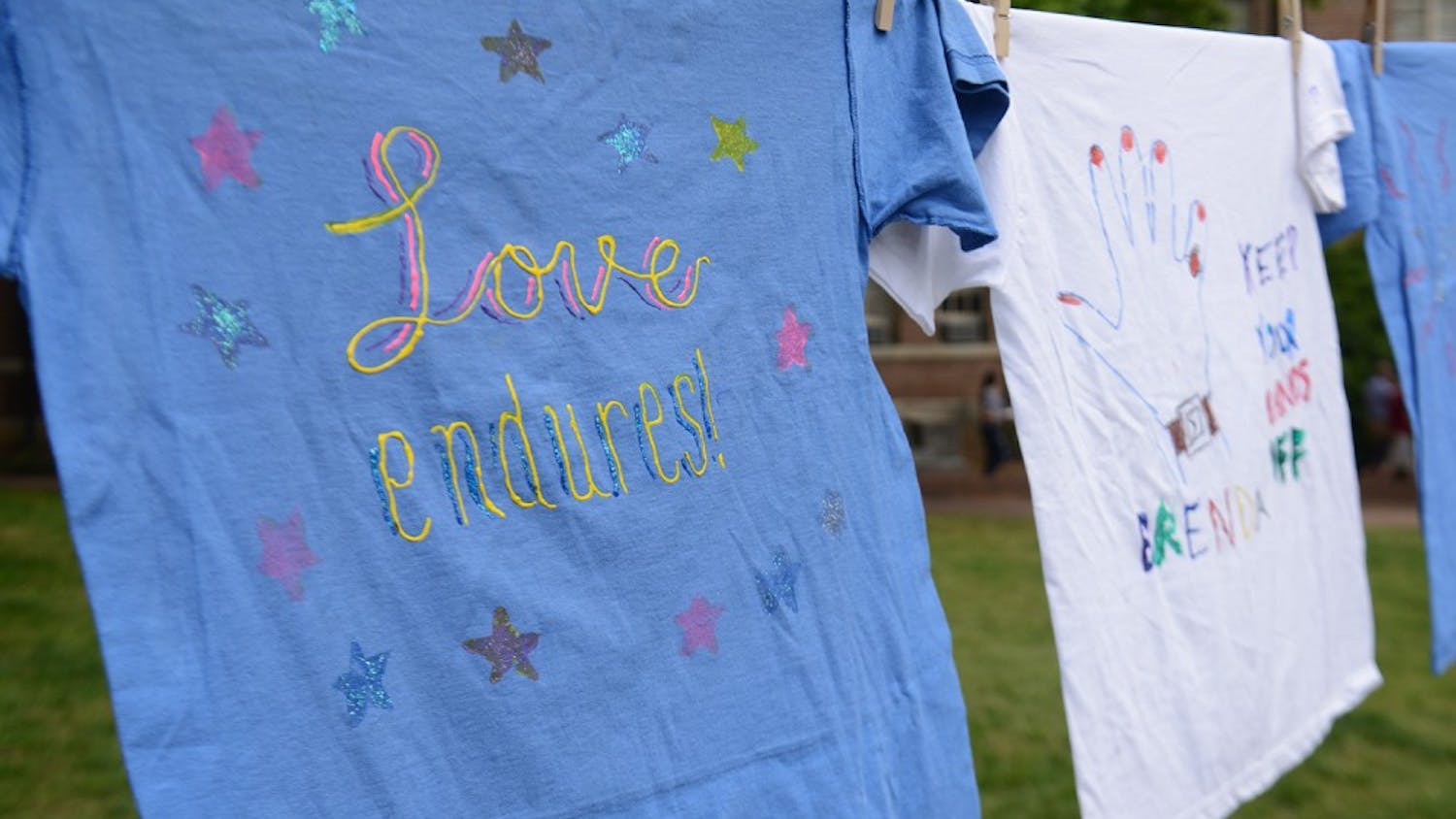 A display of t-shirts were hung in the Quad to illustrate the effects of trauma. 