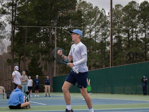 First-year Will Jansen competes against Boston College at the Chapel Hill Tennis Club on Sunday, Feb. 26, 2023. 
