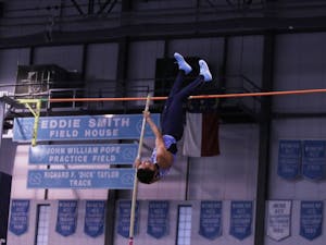 Sophomore Liam Dixon competes in the pole vault during the Dick Taylor Carolina Cup on Jan. 13 in Eddie Smith Field House.