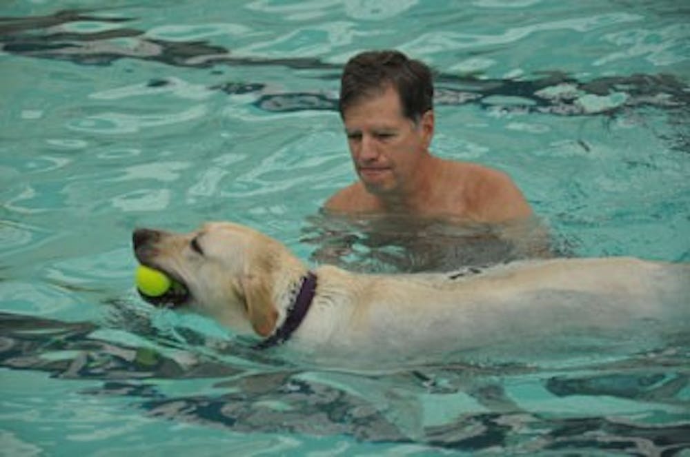 Hopkins, a yellow Labrador, swims with his owner, Charles Pamplin, during the sixth annual Orange County dog swim Sunday.