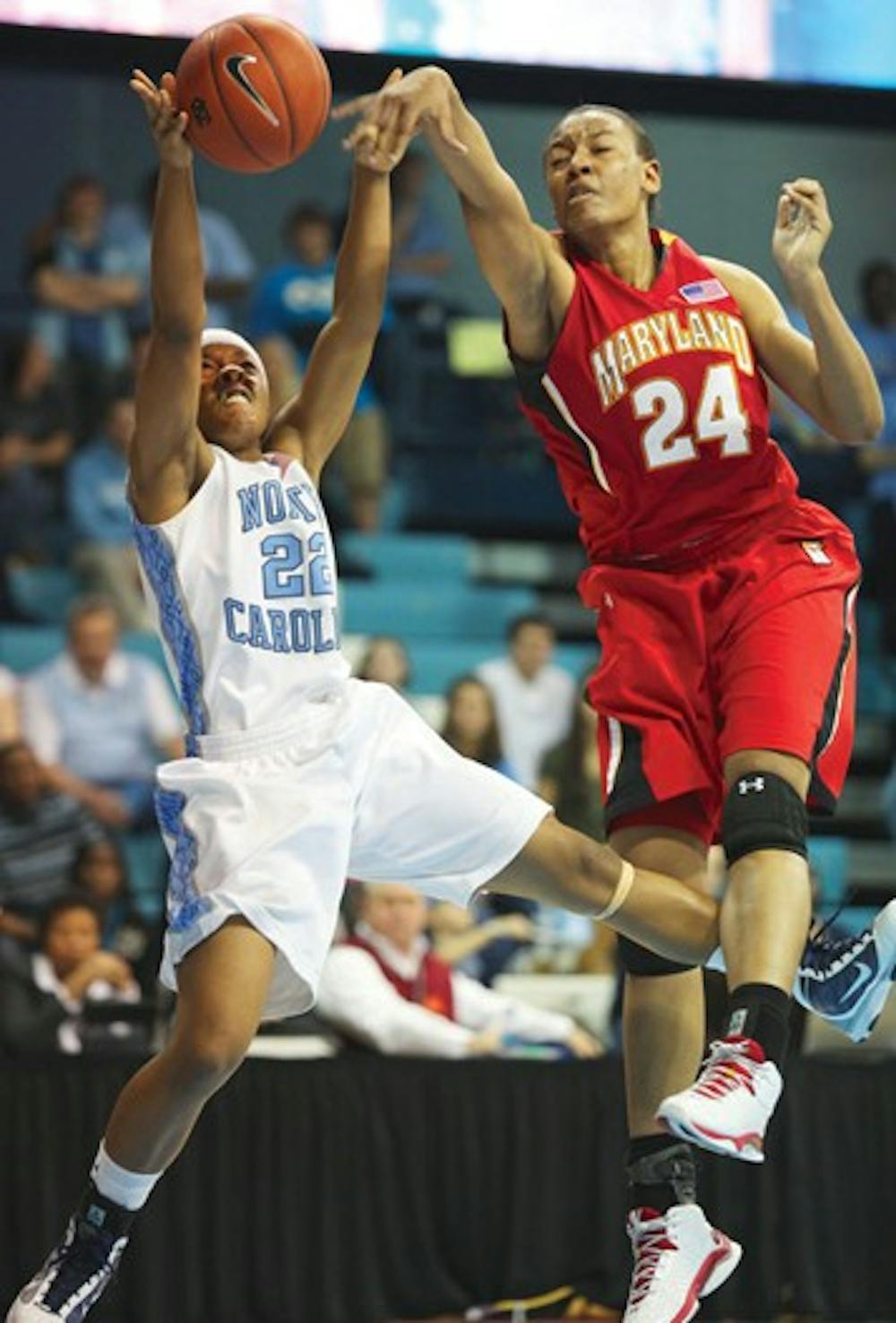 UNC’s Cetera DeGraffenreid has her shot readjusted by Maryland’s Diandra Tchatchouang. DTH/Will Cooper