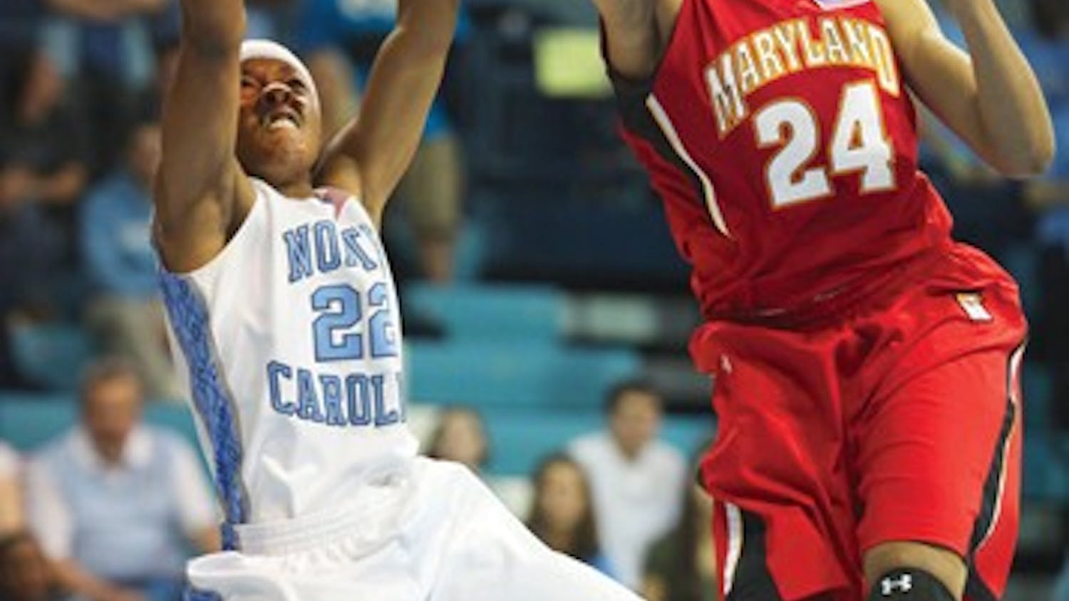 UNC’s Cetera DeGraffenreid has her shot readjusted by Maryland’s Diandra Tchatchouang. DTH/Will Cooper