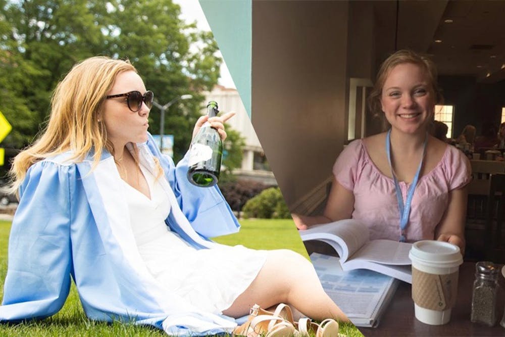 Hannah Lang in her graduation robes for senior pictures compared to Lang at first-year orientation in 2016.