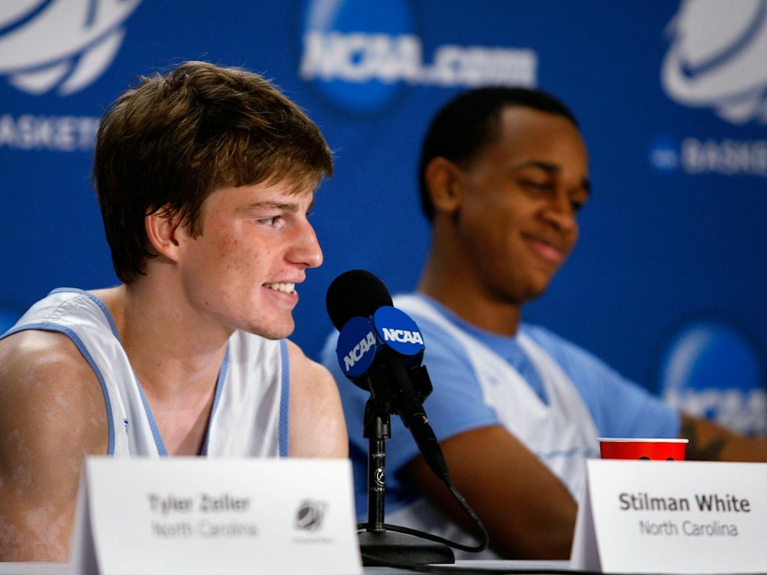 UNC guard Stilman White answers a question during a press conference Saturday. UNC will take on Kansas in the Elite 8 round of the NCAA Tournament on Sunday at the Edward Jones Dome in St. Louis. 
