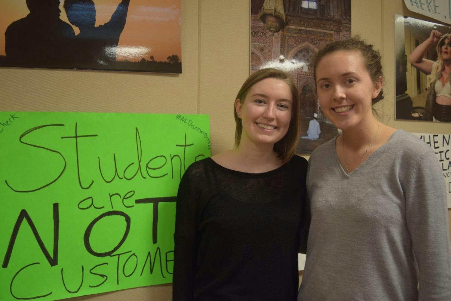 Alli Whitenack (left) and Jessica Bolin are the new co-presidents for Campus Y, their term started March 9 — the day they received the keys for their new office. &nbsp;