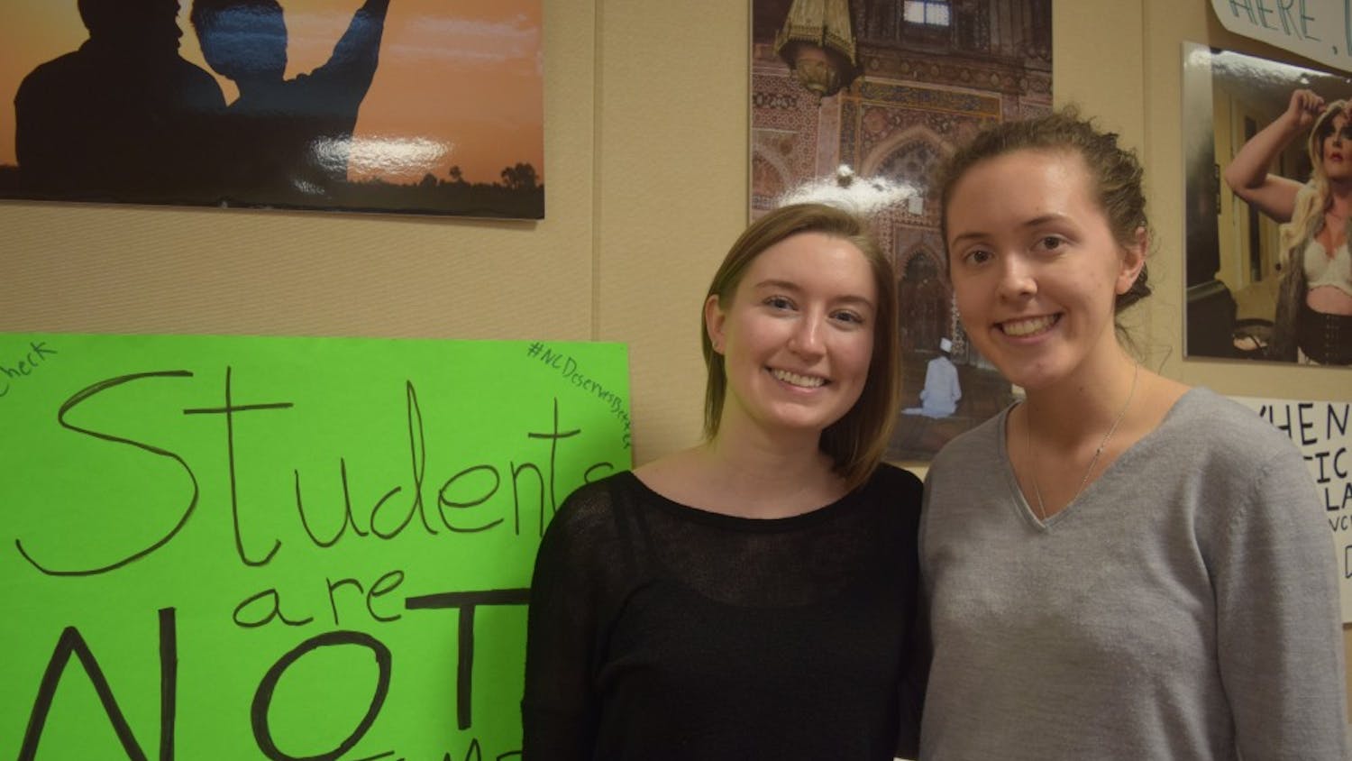 Alli Whitenack (left) and Jessica Bolin are the new co-presidents for Campus Y, their term started March 9 — the day they received the keys for their new office. &nbsp;
