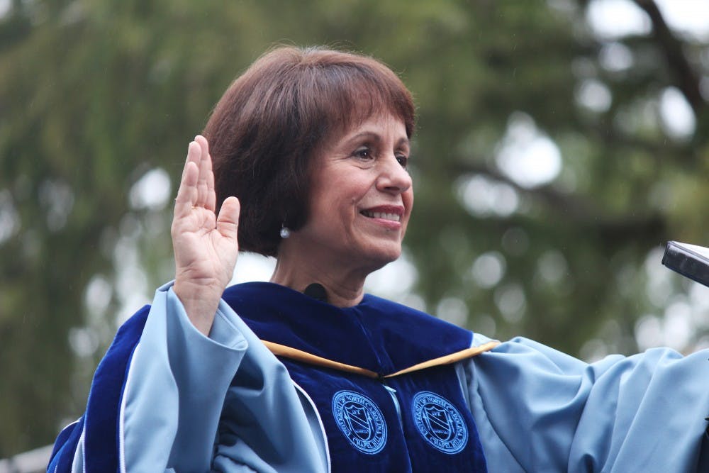 The installation ceremony of UNC's eleventh chancellor, Carol Folt, was held on University Day, October 12. The ceremony took place outside of South Building at 2 pm and a reception was held in Polk Place after the ceremony.