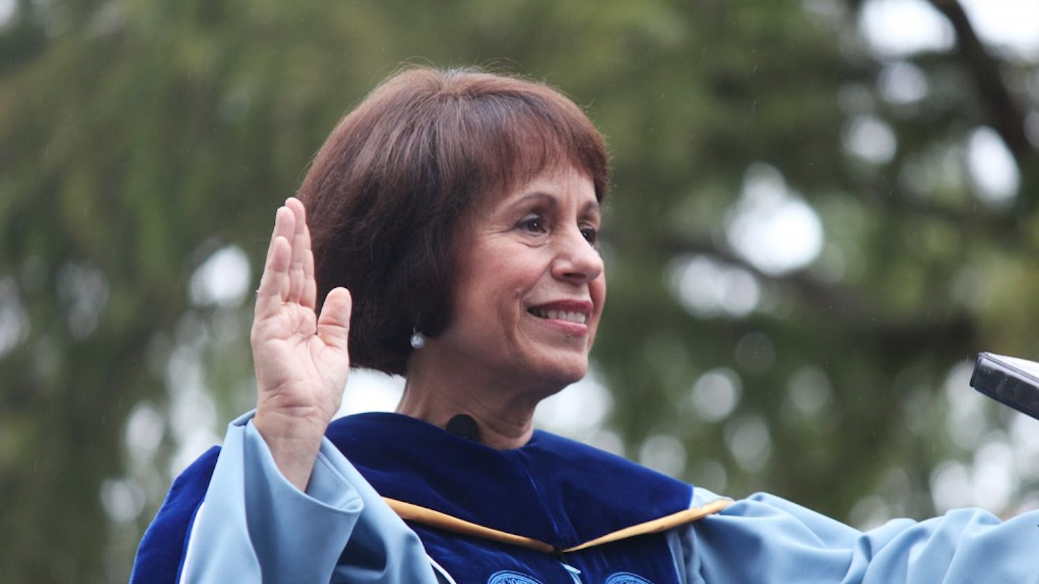 The installation ceremony of UNC's eleventh chancellor, Carol Folt, was held on University Day, October 12. The ceremony took place outside of South Building at 2 pm and a reception was held in Polk Place after the ceremony.