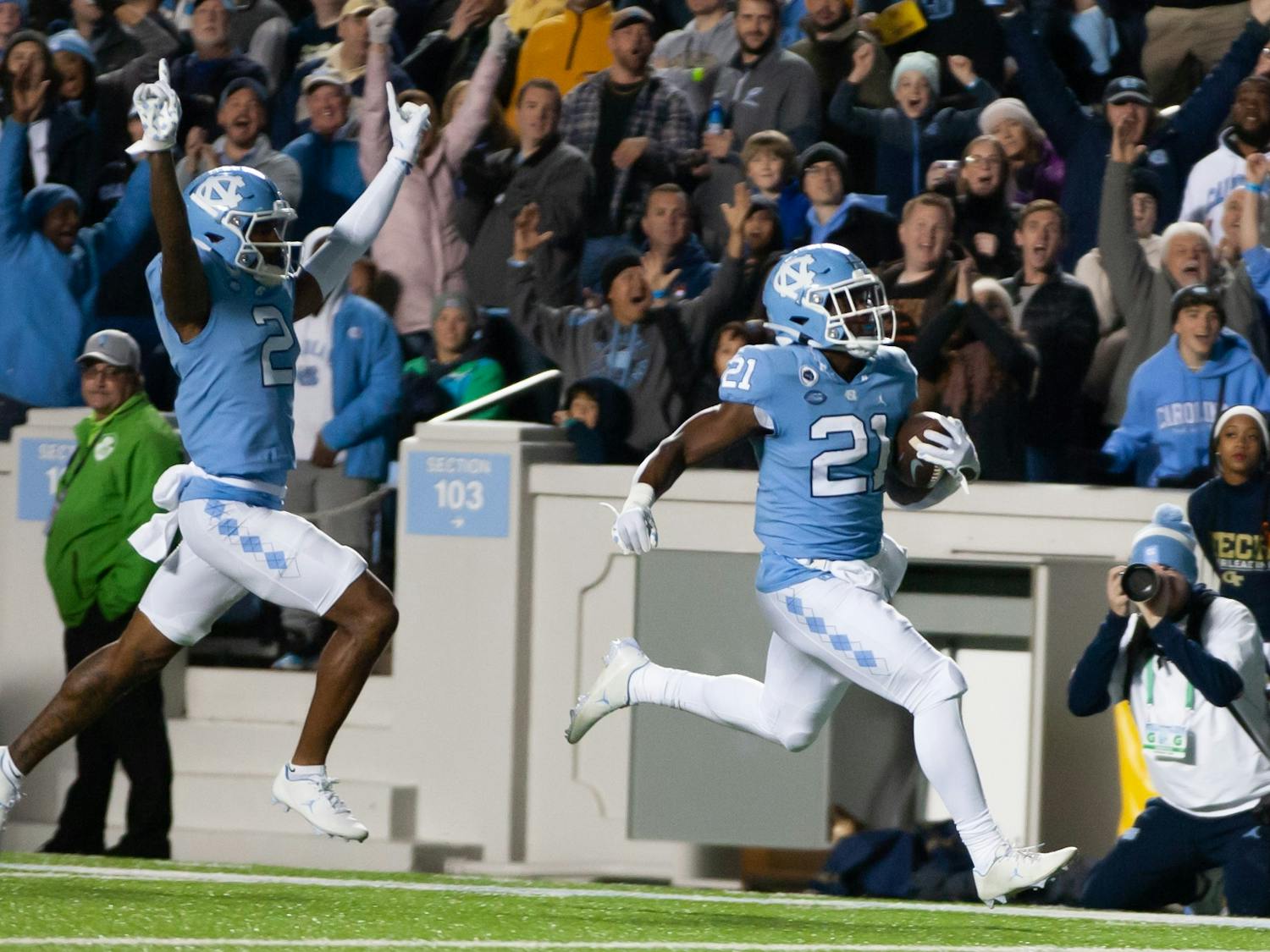 UNC sophomore running back, Elijah Green (21), scores a touchdown in Kenan Stadium on Nov. 19, 2022, as the Tar Heels face off against the Georgia Tech Yellow Jackets.