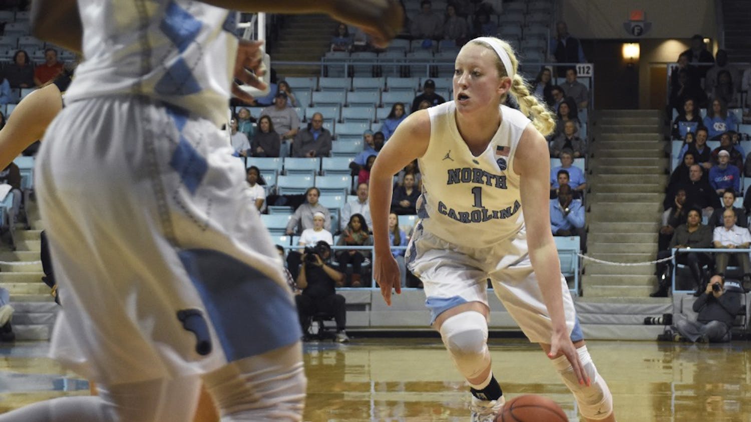 UNC guard Taylor Koenen (1) drives down the court against No.10 Notre Dame on Sunday.