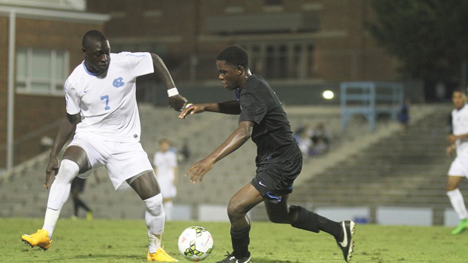 Nyambi Jabang goes up against a player from Georgia State’s men’s soccer team Tuesday. Jabang scored two goals for UNC.