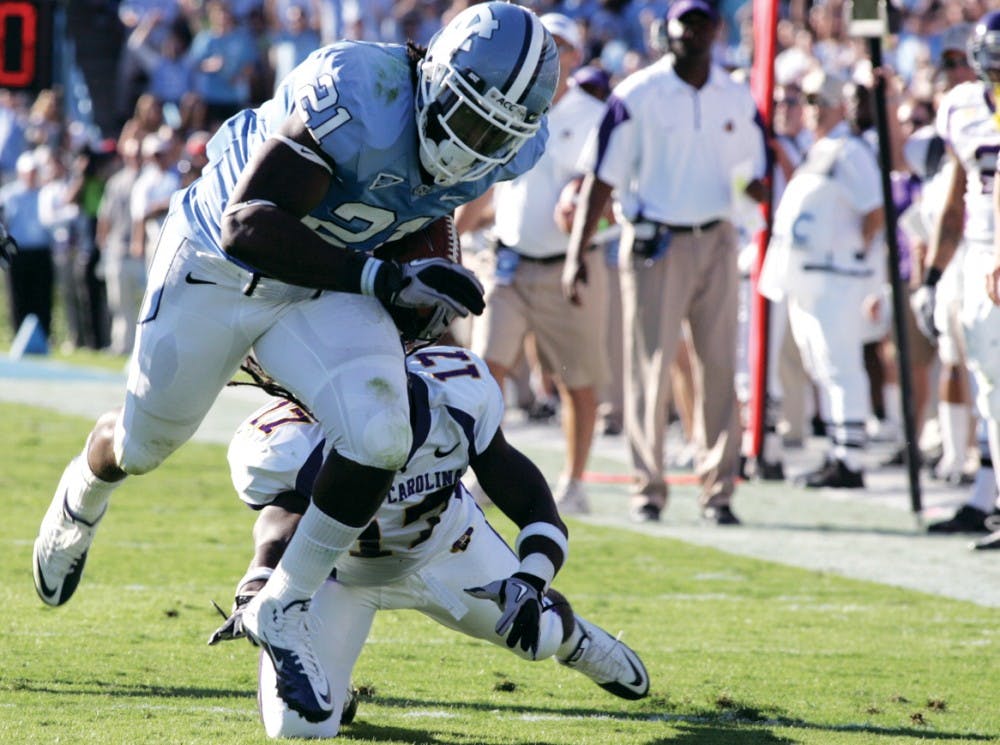 Da’Norris Searcy picked off Dominique Davis and returned it 46 yards for a touchdown on Saturday. Searcy, a senior safety, was playing in his first game of the season after having to sit the Tar Heels’ first three games while his eligibility was being determind.