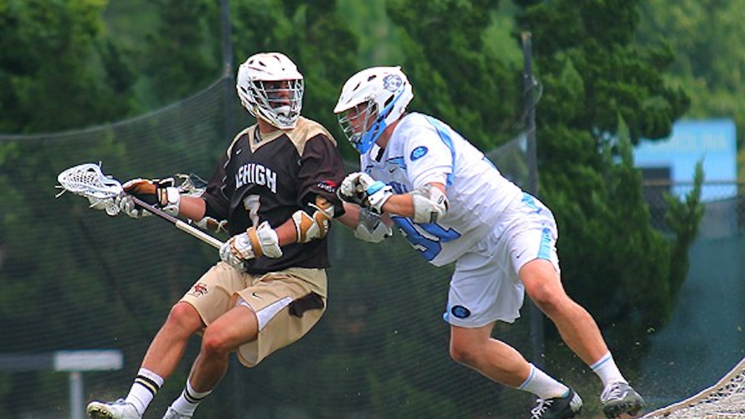 	UNC defenseman Jordan Smith holds off a Lehigh attackman in one of the Tar Heels&#8217; best defensive performances all season. 