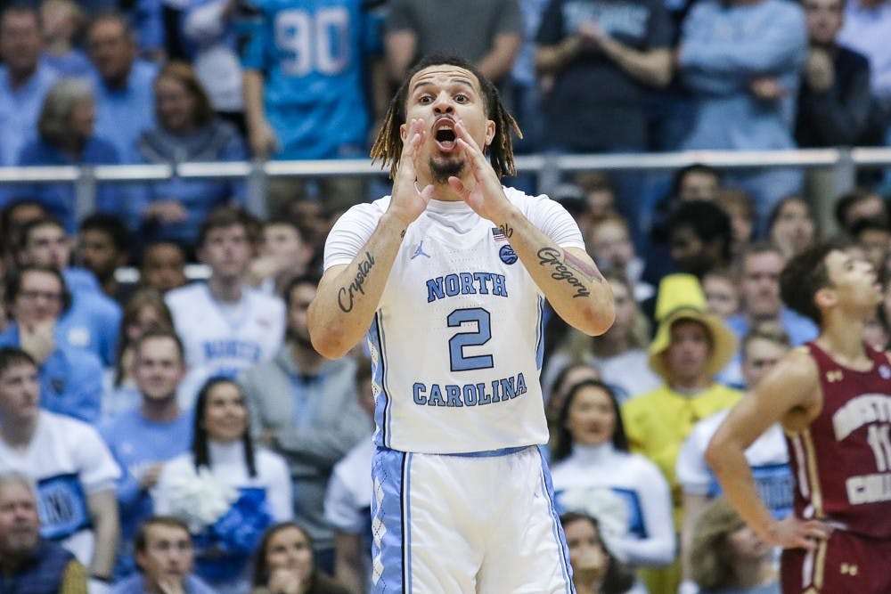 <p>First-year guard Cole Anthony (2) yells during a game against Boston College in the Smith Center on Saturday, Feb. 1, 2020. UNC fell to Boston College by just one point in the last minutes of the game, making the final score 71-70.</p>