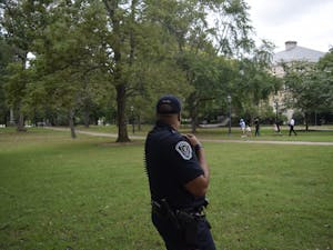 Patrol Officer Jamison McKire monitoring near McCorkle Place Tuesday, Sept. 25.
