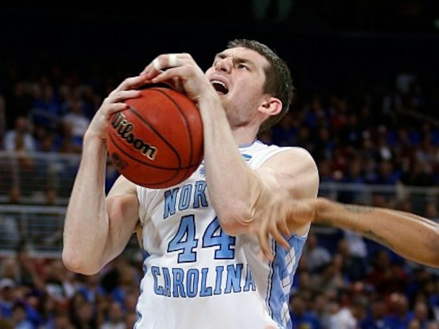 UNC forward Tyler Zeller is fouled during the Tar Heels' win over Ohio, 73-65, in overtime at the Edward Jones Dome in St. Louis in the Sweet 16 of the 2012 NCAA Tournament. (DTH File/Stephen Mitchell)