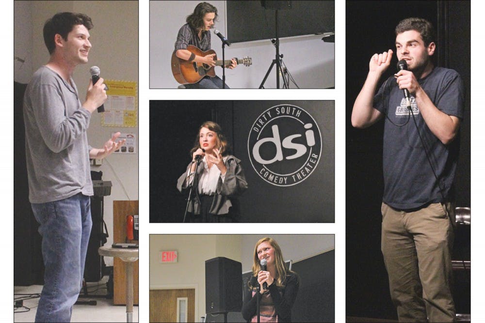 (left) Rob Haisfield, (top) Eric Clayton, (middle) Anna Hughes, (bottom) Micah Stubbs and (right) Jacob Rosenberg perform comedy.