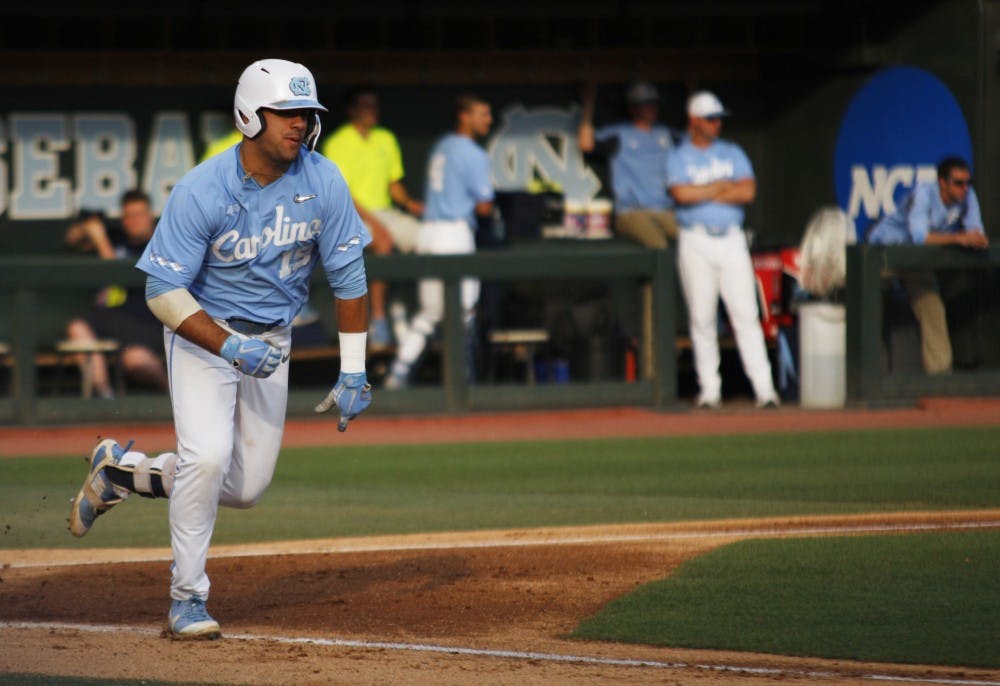 <p>UNC baseball first-year and first basemen, Aaron Sabato (19), runs to first base after hitting the ball during the final game in the regional championships versus Tennessee on Sunday June 2, 2019. UNC won 5-2.&nbsp;</p>