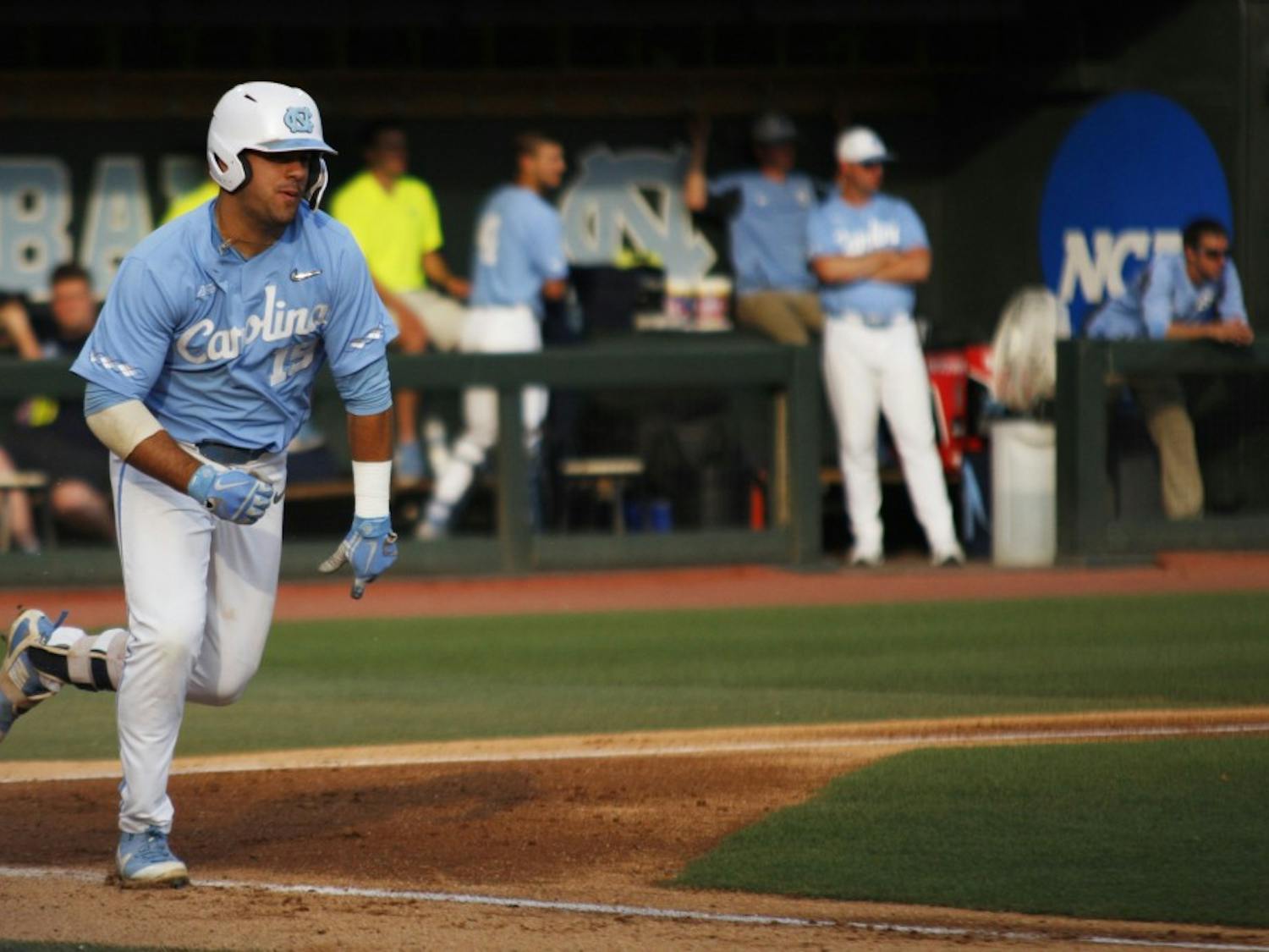 UNC baseball first-year and first basemen, Aaron Sabato (19), runs to first base after hitting the ball during the final game in the regional championships versus Tennessee on Sunday June 2, 2019. UNC won 5-2.&nbsp;