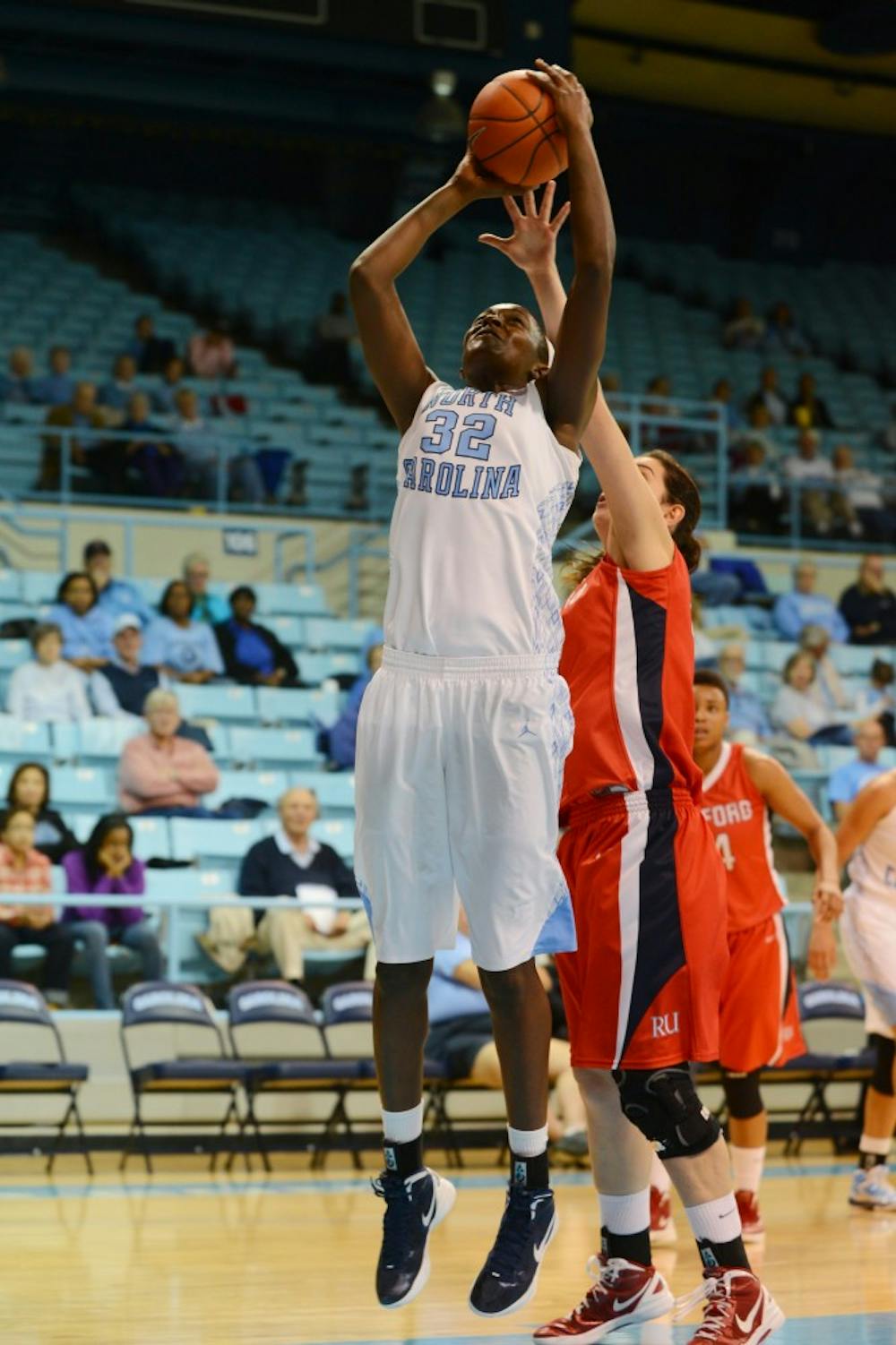 UNC Center Waltiea Rolle (32) takes a shot. Rolle had 24 points in the game.