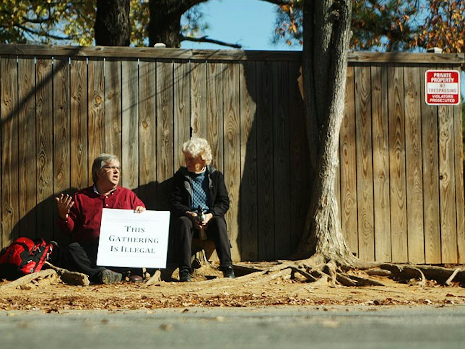 Stephen Dear and Maria Darlington have lunch on the corner of Jones Ferry and Davie Roads in Carrboro in protest of the anti-lingering ordinance.  Stephen has spent his lunch break during the week on this corner since the last week in October and is joined by friends and supporters daily.  
