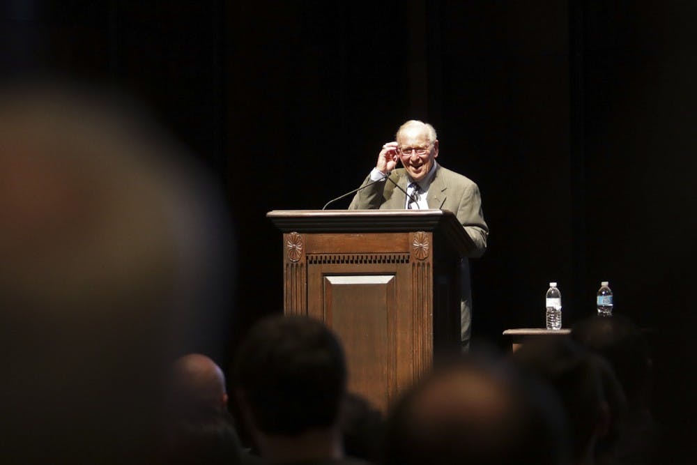 Astronaut Jim Lovell received a standing ovation at the beginning of his speech in Memorial Hall on Thursday night.
