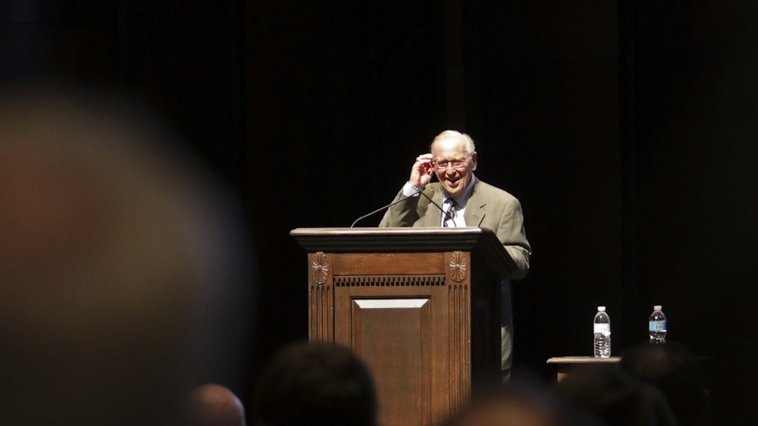 Astronaut Jim Lovell received a standing ovation at the beginning of his speech in Memorial Hall on Thursday night.