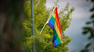 A rainbow flag hangs on Franklin Street on June 3.