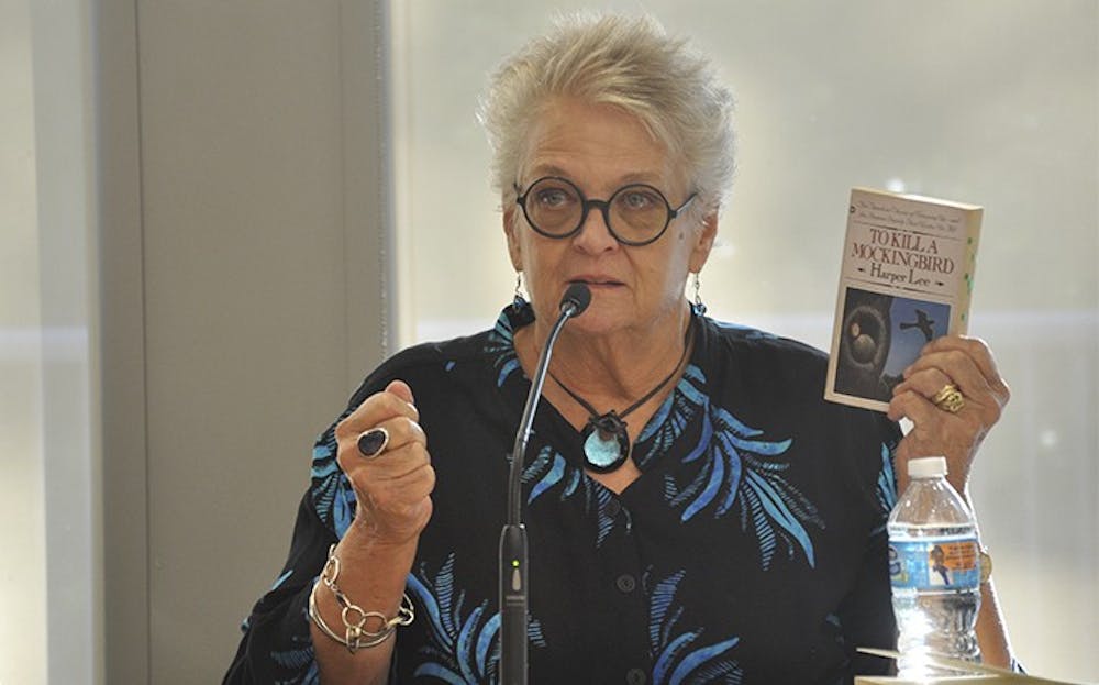 <p>Author Anna Jean Mayhew speaks at a panel on Harper Lee and her new novel, “Go Set a Watchman,” at the Chapel Hill Public Library on Tuesday evening.</p>