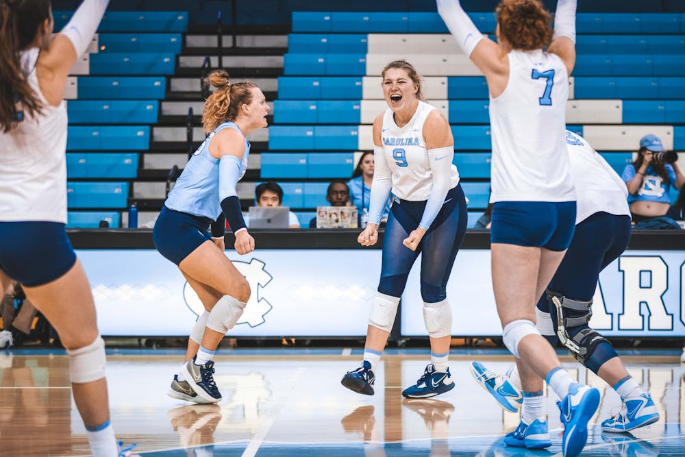 UNC sophomore Mabrey Shaffmaster (9) celebrates after scoring in the second set of the volleyball game against Boston College on Friday, Oct. 14, 2022. UNC won 3-0.