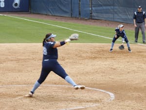 Junior pitcher Brittany Pickett (28) winds up for a nice pitch during the UNC's softball win against Virginia on Saturday, Apr. 6, 2019. 