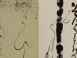 Photo courtesy of the Ackland Art Museum. The Ackland Art Museum will unveil its Lotus Moon and Nandina Staff exhibit Friday, which features about 50 pieces from two Japanese artists prominent in the 19th and 20th centuries. Pictured Left to right: Ōtagaki Rengetsu's Waka Poem: "The Blood ...", Nakahara Nantenbō's staff, with inscription: "Speak — Nantenbō ...".