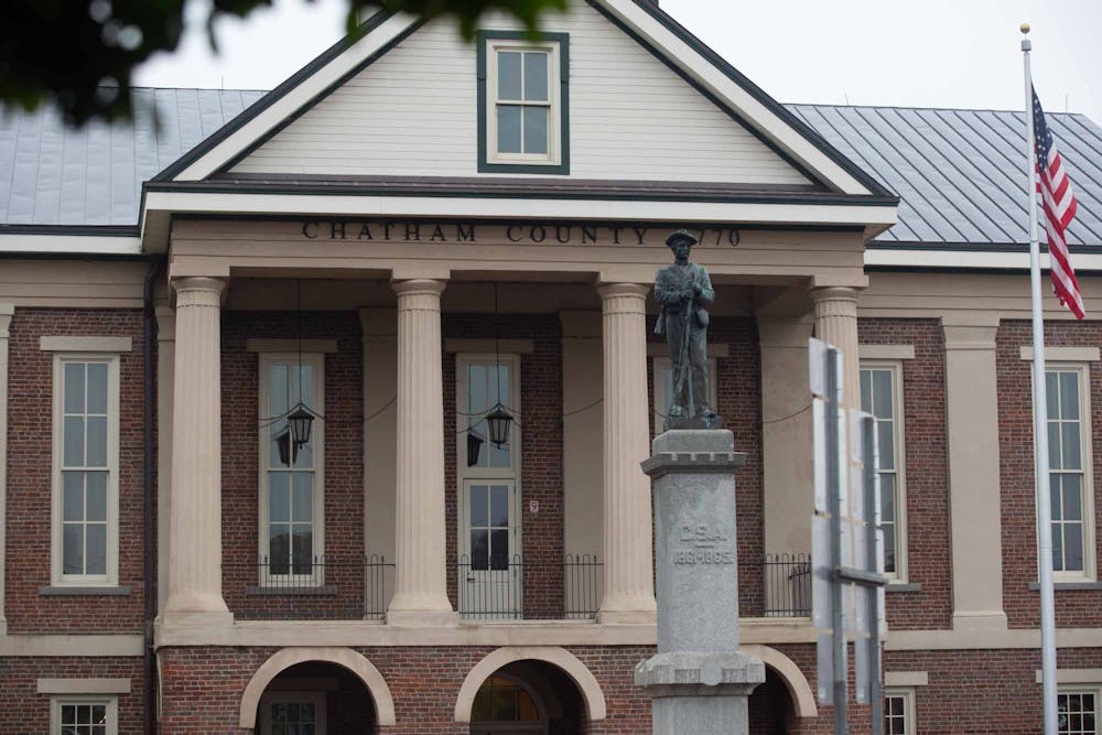 A Confederate monument stands Wednesday afternoon, Oct. 30, 2019, in front of Chatham County Courthouse in Pittsboro. On Monday, Oct. 28, 2019, a superior court judge halted the plans for its removal.