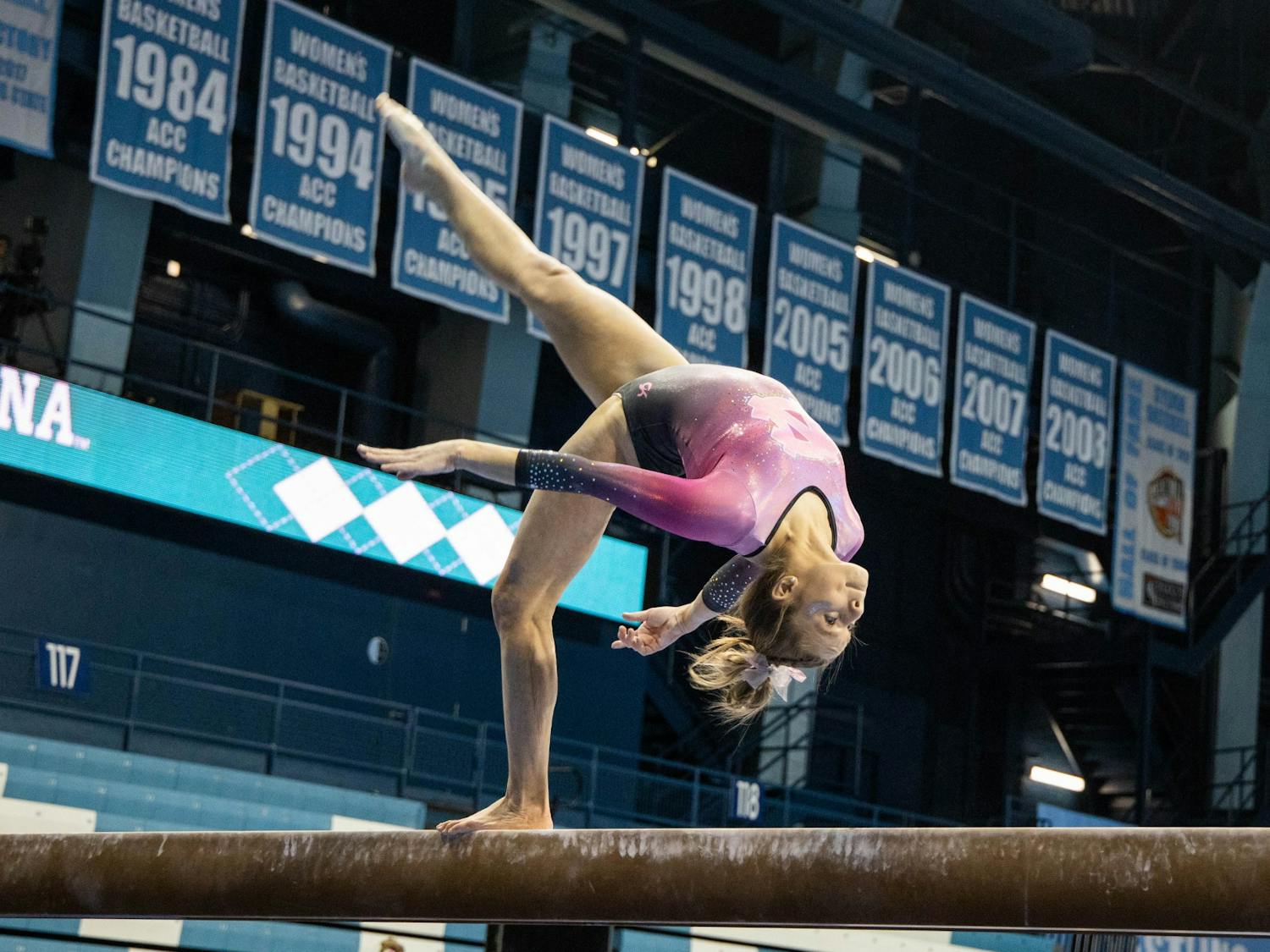 First-year Elizabeth Culton performs her beam routine during the gymnastics meet against the University of New Hampshire in Carmichael Arena on Monday, Feb. 17, 2020. The Tar Heels placed first against the Wildcats.