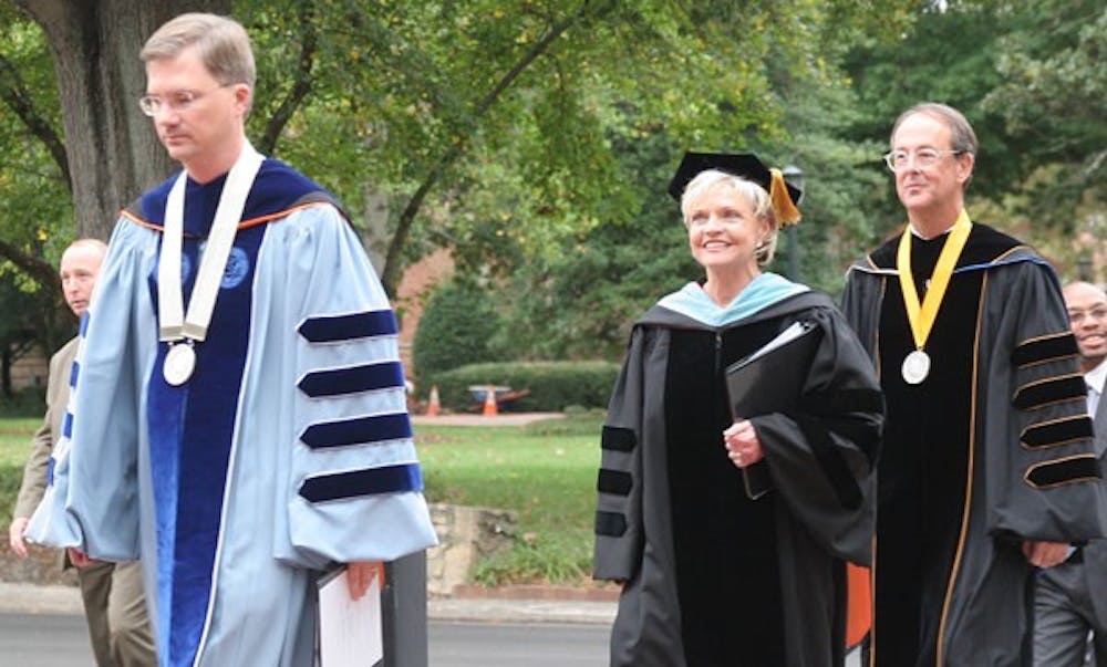 From left, Chancellor Holden Thorp, Gov. Bev Perdue and Erskine Bowles, president of the UNC system. DTH/Lauren Vied 