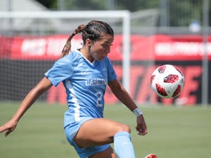 Sophomore forward Sydney Spruill juggles the ball in UNC's 3-2 exhibition win over N.C. State on Aug. 9 in Raleigh.