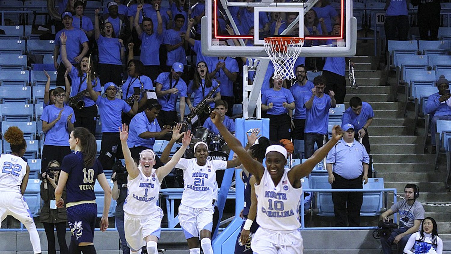 North Carolina guard Jamie Cherry (10) celebrates after the final buzzer on Thursday. Cherry hit a 3-pointer with two seconds left to life the Tar Heels over Georgia Tech.