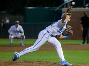 UNC sophomore right handed pitcher Nik Pry (36) throws the ball at the game against UNCW on Tuesday May 18, 2021 at Boshamer stadium. The Tar Heels won 14-9.