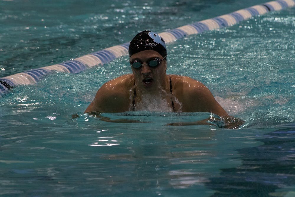 Sophomore, Lilly Higgs competes in the Women's 200 Yard Breastroke event against Georgia on Friday, Oct. 25, 2019