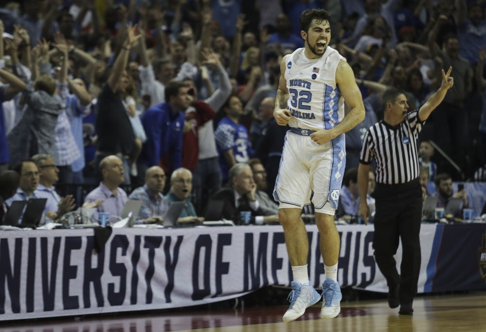 North Carolina forward Luke Maye (32) celebrates seconds after he hit the game winning shot in the NCAA Elite Eight game against Kentucky in Memphis on Sunday.