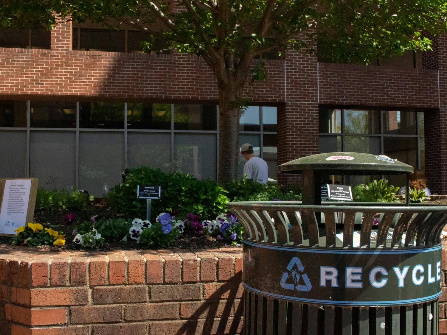 A recycling can is pictured on UNC's campus