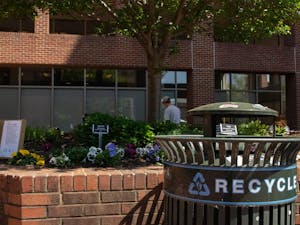 A recycling can is pictured on UNC's campus