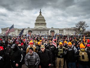 Pro-Trump protesters gather in front of the U.S. Capitol Building on January 6, 2021 in Washington, DC. A pro-Trump mob stormed the Capitol, breaking windows and clashing with police officers. (Photo by Jon Cherry/Getty Images/TNS)&nbsp;